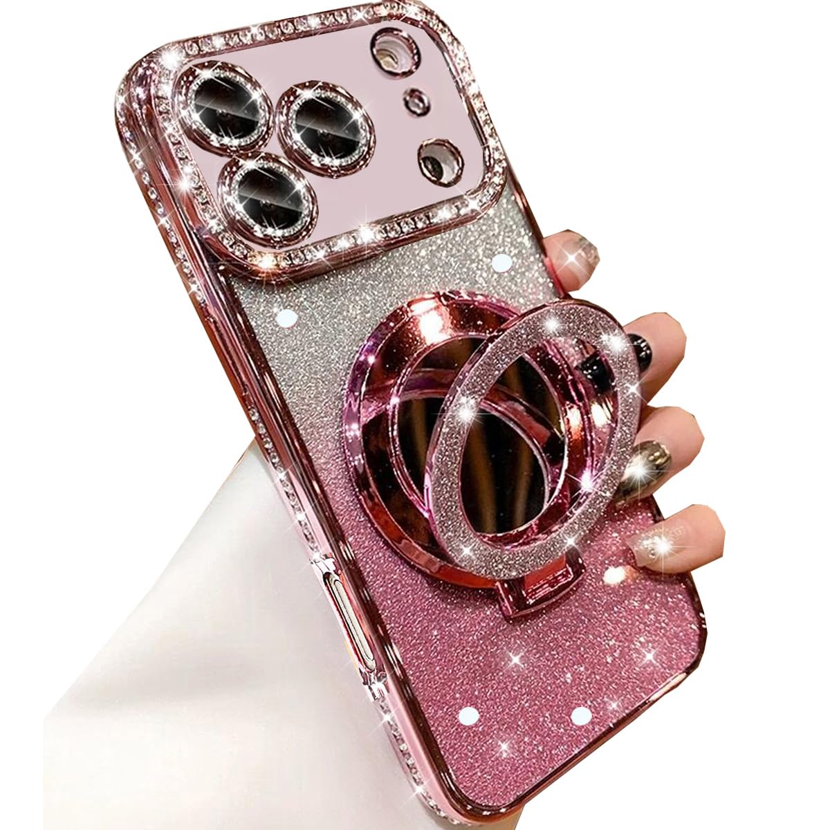 Photo 1 of Changjia Magnetic Kickstand Glitter Case for iPhone 17 Pro,[Compatible with Magsafe] Cute Bling Sparkly Rhinestone with Camera Lens Protector&Makeup Mirror Women Girls Case for iPhone 17 Pro 6.3",Pink