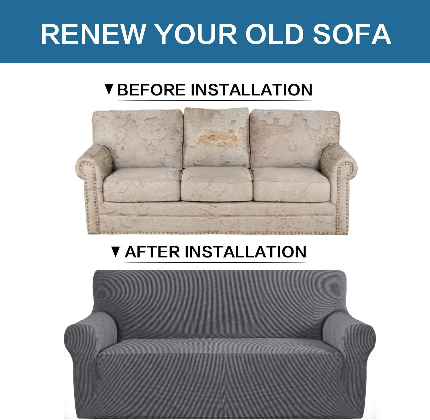 Stretch Sofa Cover Couch Covers Sofa Covers for 3 Cushion Couch Sofa Protector Cover for Living Room, Small Checks Jacquard Soft Thick, Removable and Washable(Sofa 72"-96": Grey): Kitchen & Dining