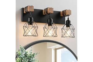 VIVIHOBB Farmhouse Vanity Light Fixture,3-Light Bathroom Lighting,Black Industrial Wood Wall Light Over Mirror with Metal Shade,Bulbs NOT Included