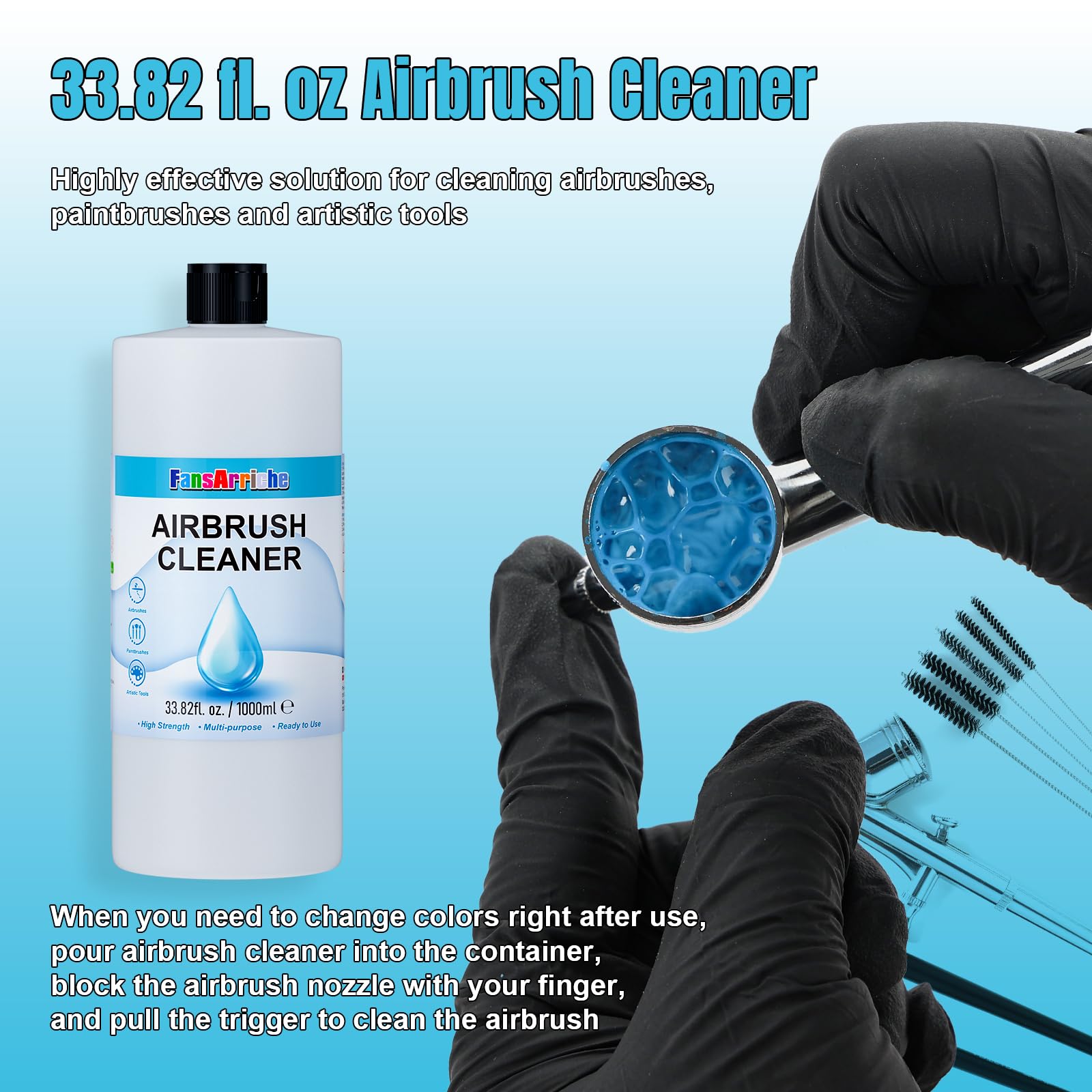 FansArriche Airbrush Cleaner, 33.82 Oz Air Brush Cleaning Solution for Water-Based Acrylic Color Paints, Quickly Clean Clogged Airbrushes, Paint Brushes, Art Tools
