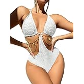 OYOANGLE Women's Chain Linked Cut Out Halter One Piece Swimsuit Tummy Control Bathing Suit