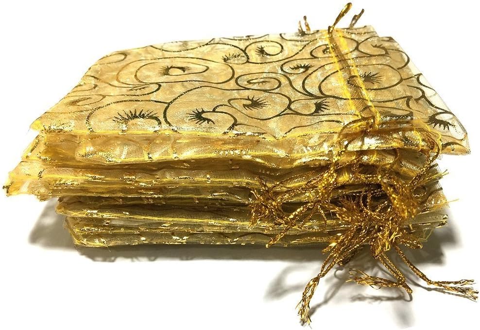 Golvery 100 Pieces Champagne Eyelash Yellow Organza Gift Bags, Drawstring Pouches Jewelry Bags, Candy Pouch Chocolate Pouch Party Wedding Favor Gift Bag, 3.54 x 4.72 Inch