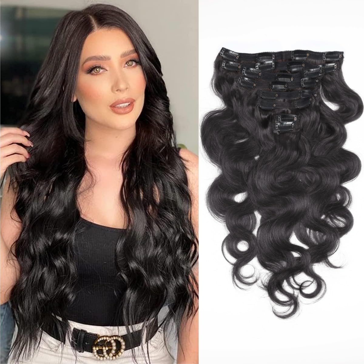 Sexycat Body Wave Hair Extensions Clip in 16 Inch 8Pcs 100g Clip in Hair Extensions Real Human Hair, Natural Black Color Double Weft Hairpieces for Women — image 1