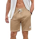 JMIERR Mens Shorts Linen Cotton 7" Casual Elastic Waist Drawstring Lightweight Summer Beach Shorts with Pockets