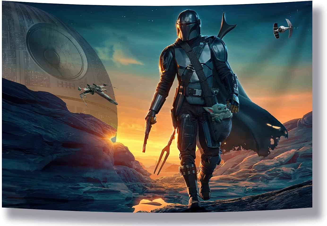 Tapestries - SUIBIAN Tapestry Banner Star Wars Mandalorian Yoda Blue Death Star Wall Posters Wall Hanging Decoration for Bedroom Dorm Cool-for Party Art Wall Tapestry (Mandalorian Yoda, 39''x 59'')