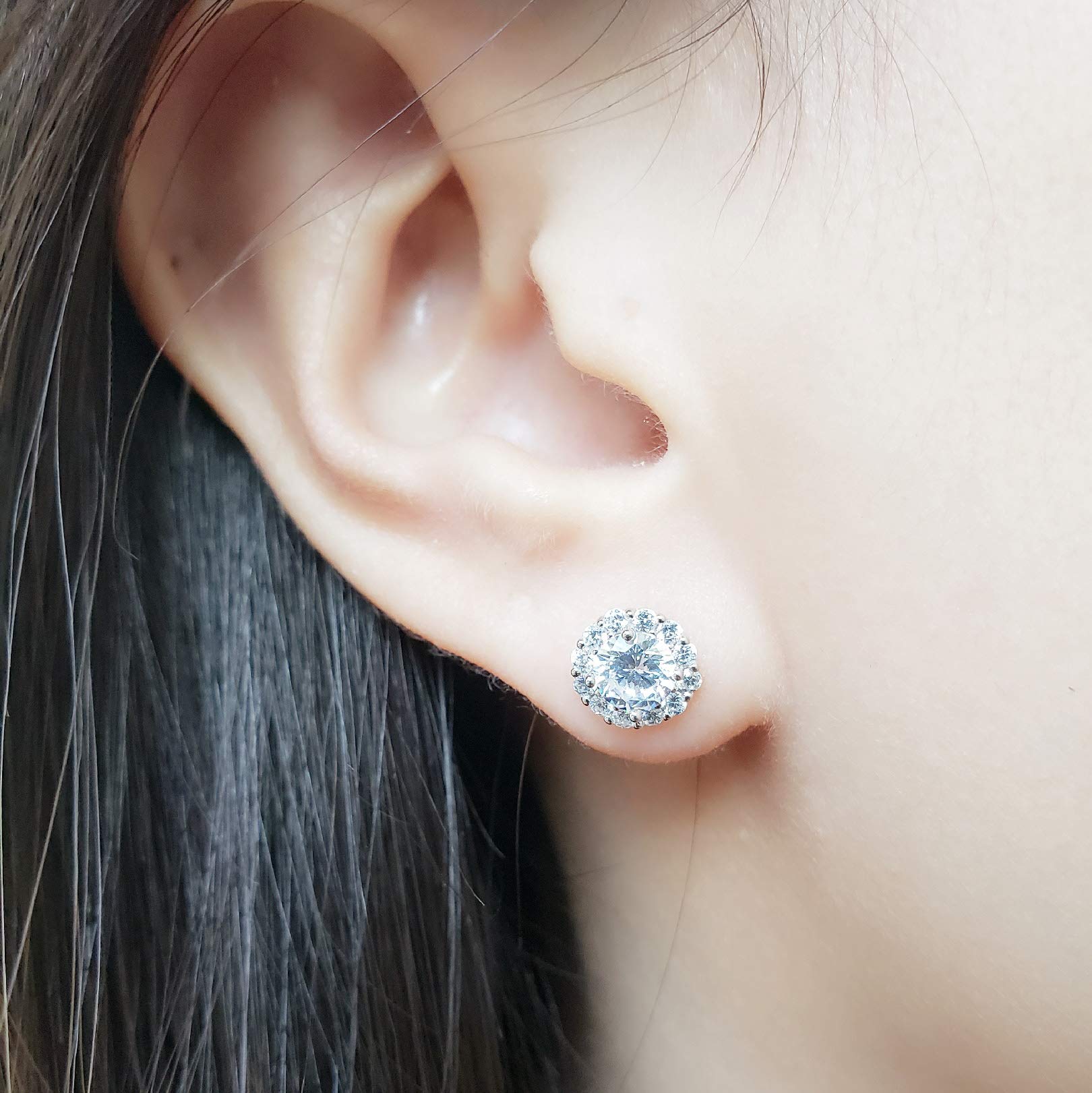 Rhodium Plated Sterling Silver Cubic Zirconia Classic Halo Stud Earrings,(Center Stone:5mm)