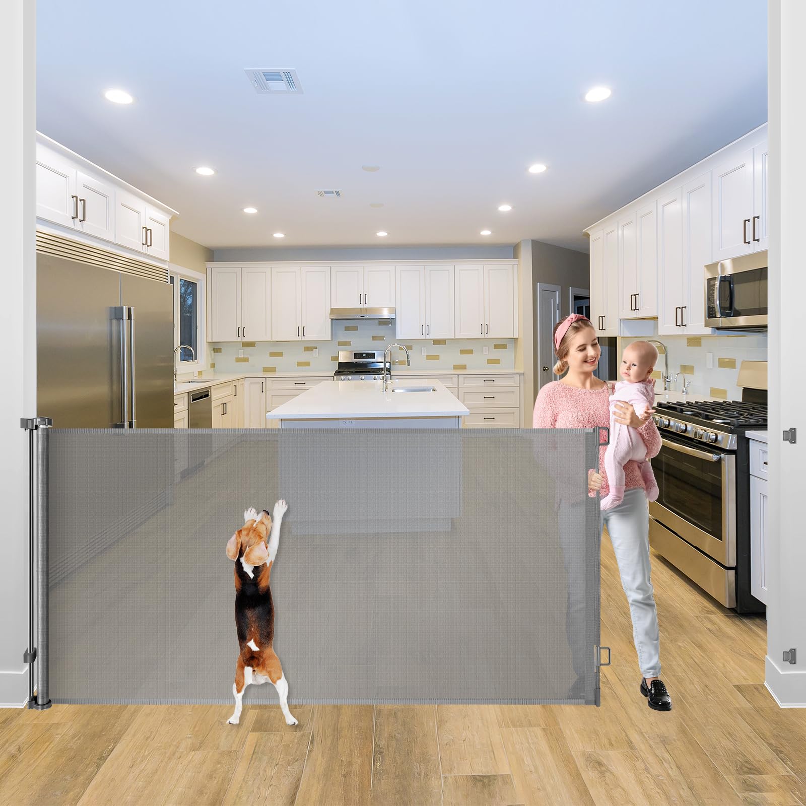 Photo 1 of 42 Inch Extra Tall Pet Gate for Stairs Prevent Kid/Pet from Jumping Over 115" Extra Long Baby Gates for Large Openings Wide Baby Gate for Doorway Retractable Tall Child Gates for Wide Openings, Gray