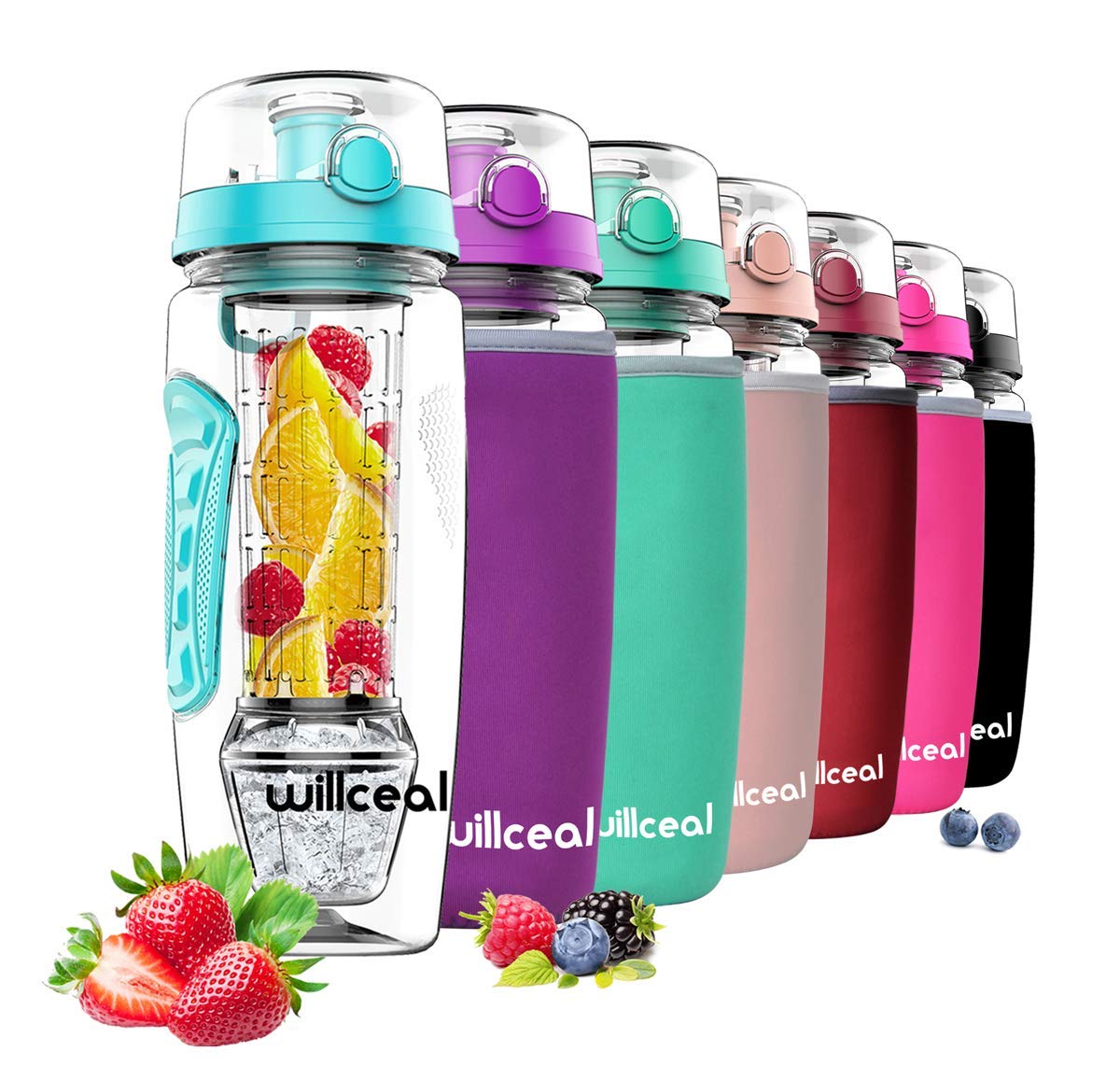 willceal Fruit Infuser Water Bottle 32oz Durable with Detachable Ice Gel Ball,Large - BPA Free Tritan, Flip Lid, Leak Proof Design - Sports, Camping (Teal)