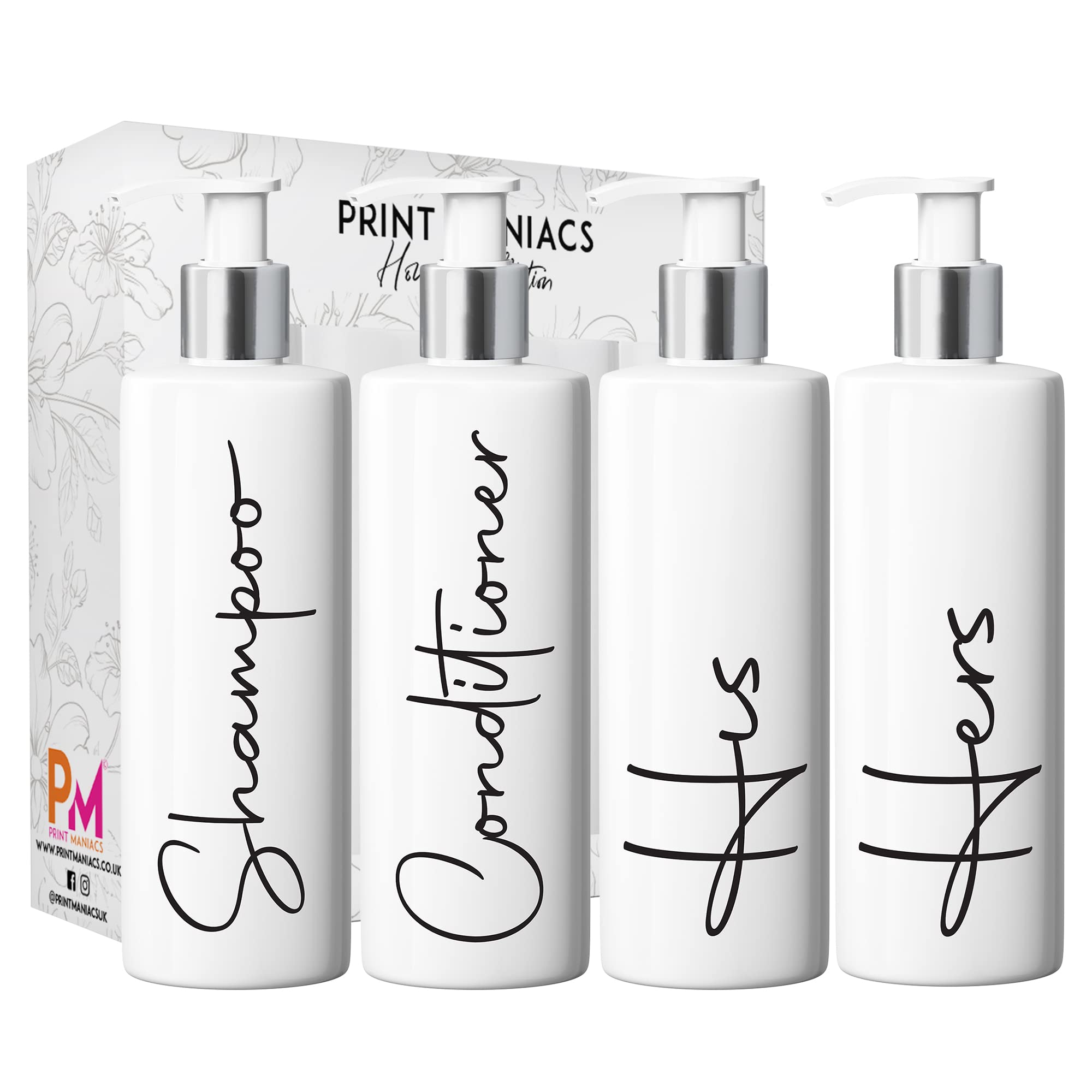 Print Maniacs White Mrs Hinch Inspired Personalised 500ml Pump Bottles Bathroom Lotion Kitchen Set Shampoo Conditioner (Set 4 His Her, F2 ) (Black)