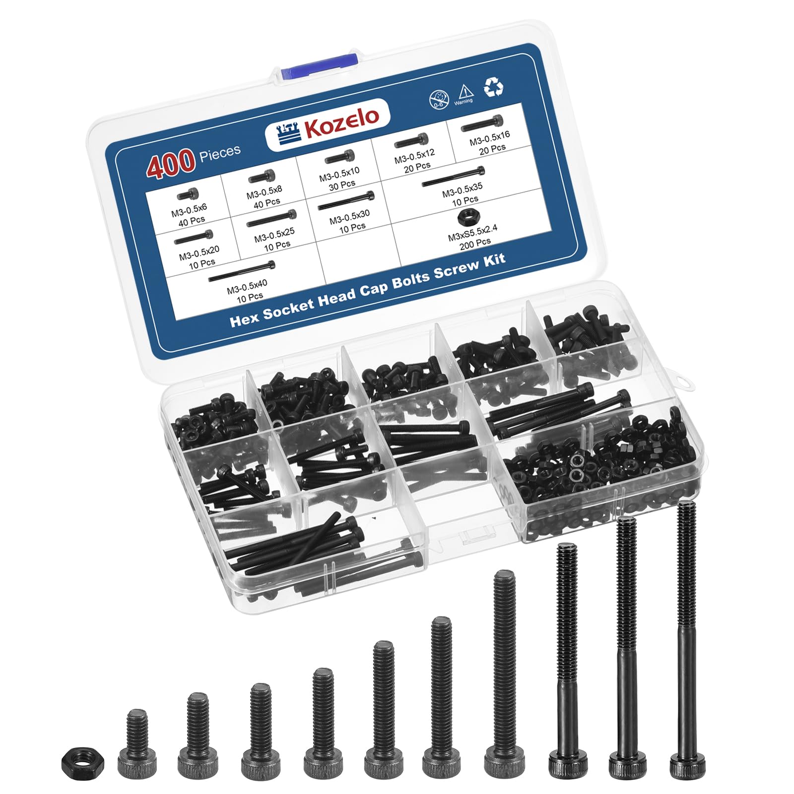 Kozelo 400pcs M3 Socket Head Cap Screws Bolts Nuts Assortment Kit - [M3x6/8/10/12/16/20/25/30/35/40mm] Alloy Steel Fully Threaded Black Oxide 12.9 Internal Hex Screw for 3D Printer Use