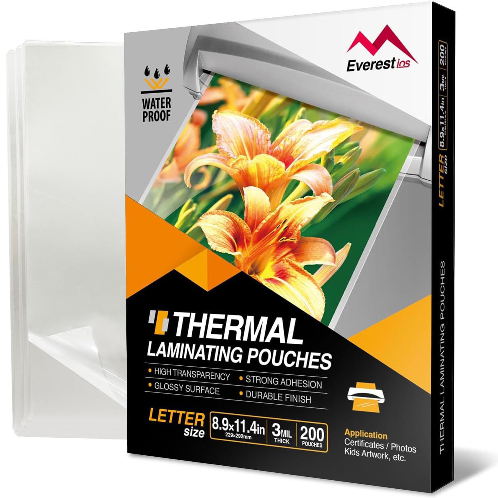 Everest Thermal Laminating Sheets, 8.9 x 11.4 Inches, 3 Mil Thick, 100/200 - Pack, Non-Toxic Material and Adhesive, Letter Size Laminated Pouches for Documents and Photos, Clear (3 Mil, 200, Pack)