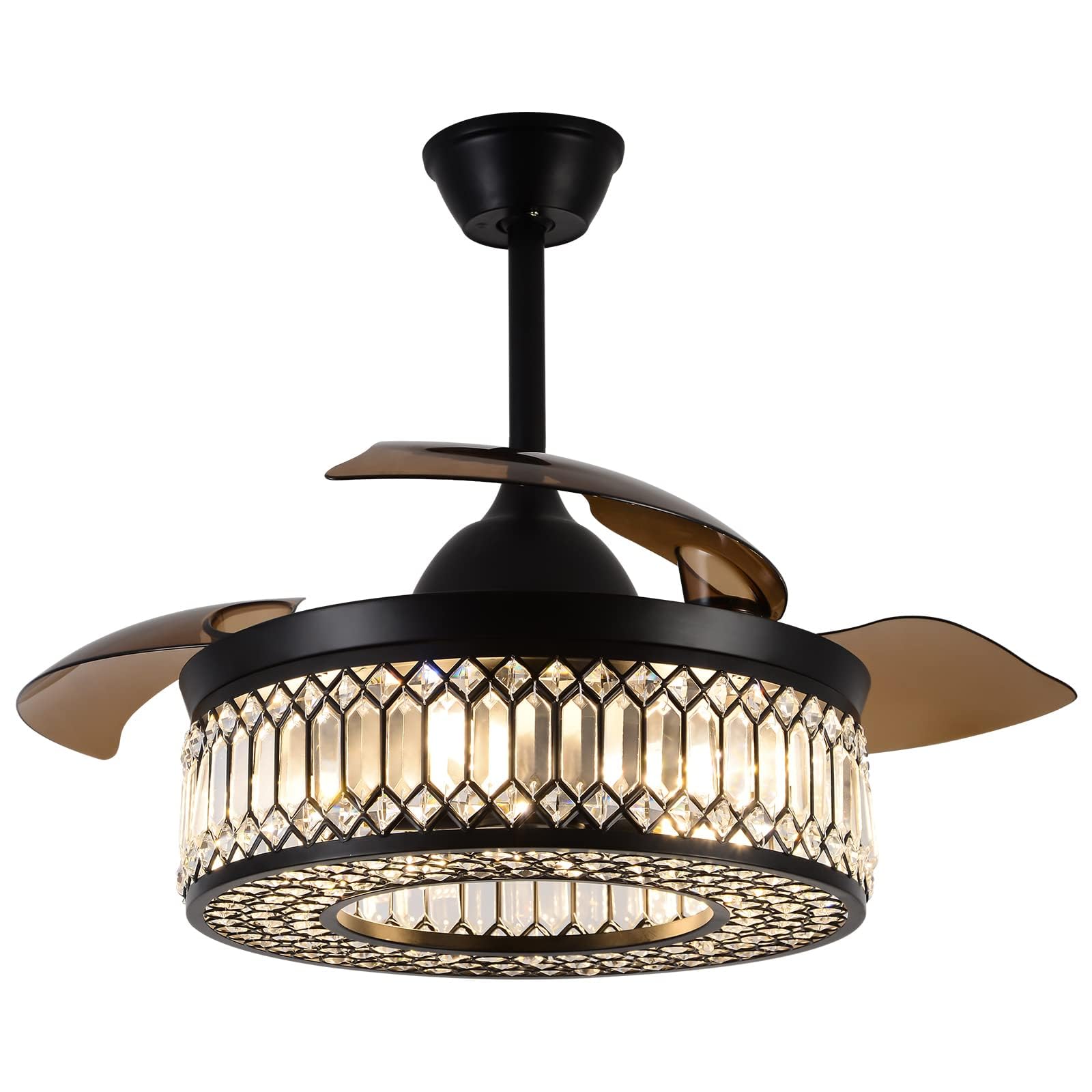 Photo 1 of 42 Inch Retractable Ceiling Fans with Lights and Remote, Modern Industrial Black Fandelier with 3 Retractable ABS Blades, Invisible Crystal Chandelier Fan for Bedroom Living Room Dining Room (Crystal)
