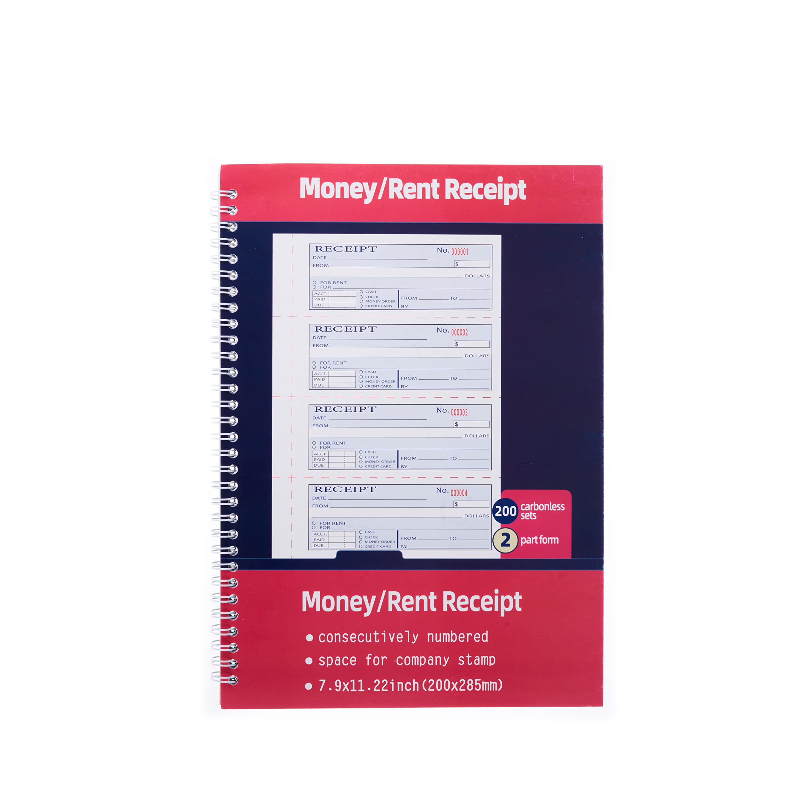 Single Book,Money Rent Receipt Book,7.9x11.22 Inches,2 Part Carbonless,Cash Receipt Book,200 Sets per Book,4 Receipts per Page