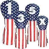 HELLO NRC Golf Head Covers, Headcover for Woods and Driver Hybrid Set, Waterproof Club Head Covers, 4pcs or 1pc PU Leather USA Stars and Stripes 1 3 5 X for Most Golf Clubs