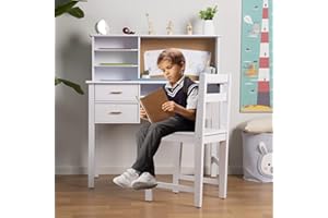 linor Kids Desk and Chair Set, Wooden Children Study Table with Hutch/Drawer & Bulletin Board, Student Study Desks Computer Desk Art Desk for Bedroom Study Room (White)