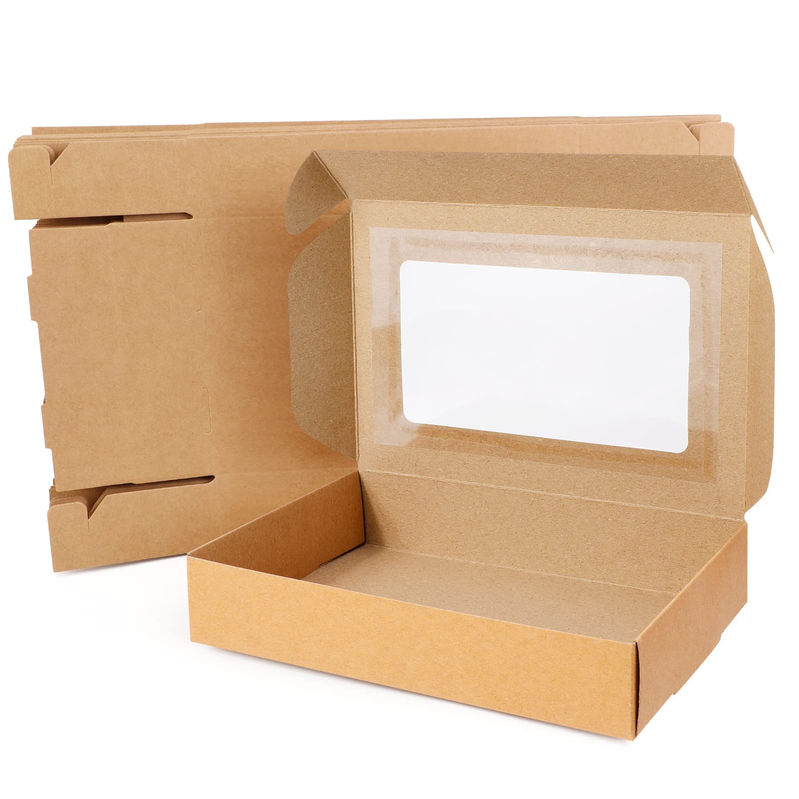 Qpout 12 Pack Kraft Candy Boxes With Window, 7x4.5x1.3 inch Sweets Empty Packing Boxes, Baby Shower Kids Birthday Wedding Bridal Shower Party Cookie Cake Jewelry Small Presents Decoration