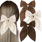 Incinkod 3 Pcs Hair Bows for Women, Bow Hair Clips, Cute Silky Satin Womens Hair Bows, Bow Clips for Women (White, Brown, Dark Brown)