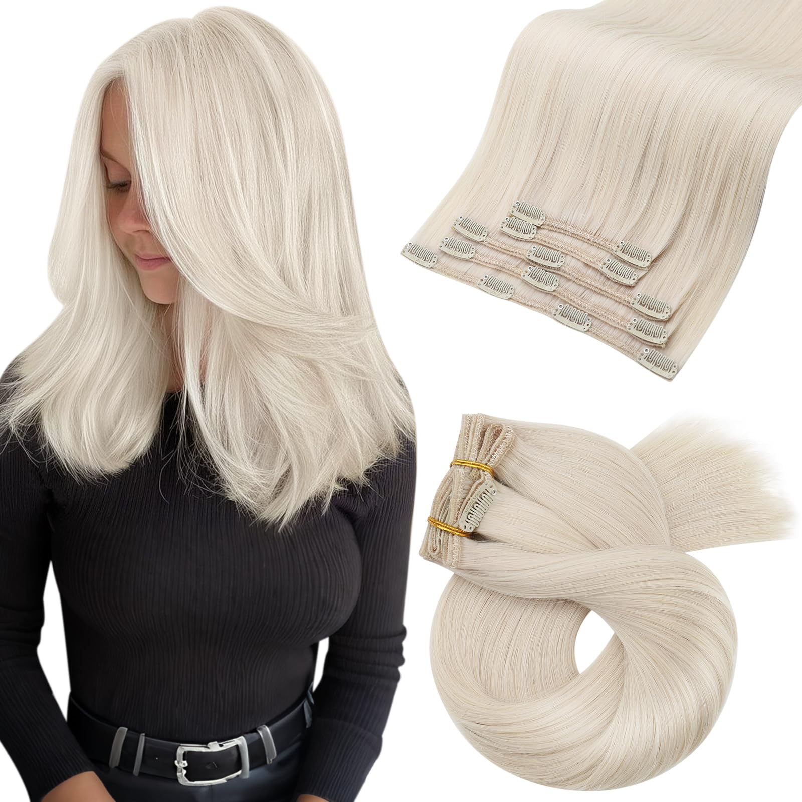 Moresoo Clip in Hair Extensions Real Human Hair White Blonde Short Bob Hair 10 Inch Human Hair Extensions Clip in Blonde Remy Straight Hair for Women Layered Hair 5 Pieces/80g #60A