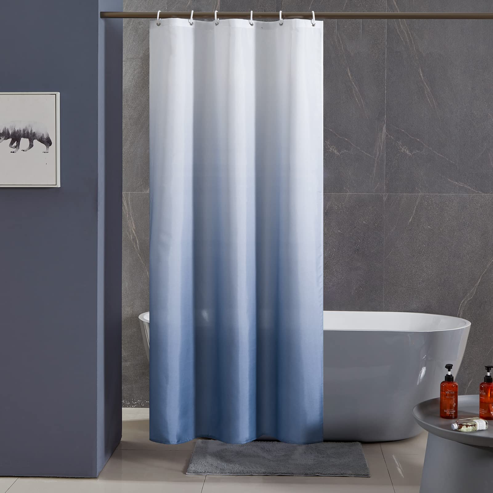 Furlinic Shower Curtain 72 inch Long White to Navy Blue Mildew Resistant Bath Curtains Wterproof Narrow Fabric 90x180cm for Bathroom