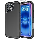 Diverbox for iPhone 16 Case [Shockproof] [Dropproof] [Tempered Glass Screen Protector + Camera Protectors] Heavy Duty Protection Phone Case Cover for Apple iPhone 16 (Black)