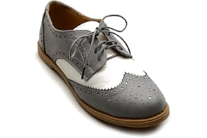 Ollio Women's Flat Shoe Wingtip Lace Up Two Tone Oxford