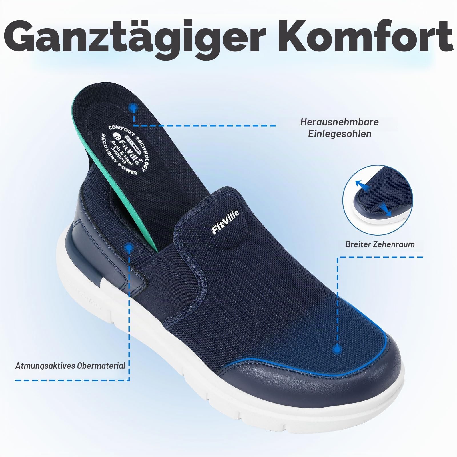 FitVille Slip On Sneaker Herren Extra Weite Turnschuhe rutschfest Walkingschuhe Breit Outdoor Schuhe Bequem Leichte Atmungsaktive Freizeitschuhe Mitternachtsblau 46 EU X-Weit 6