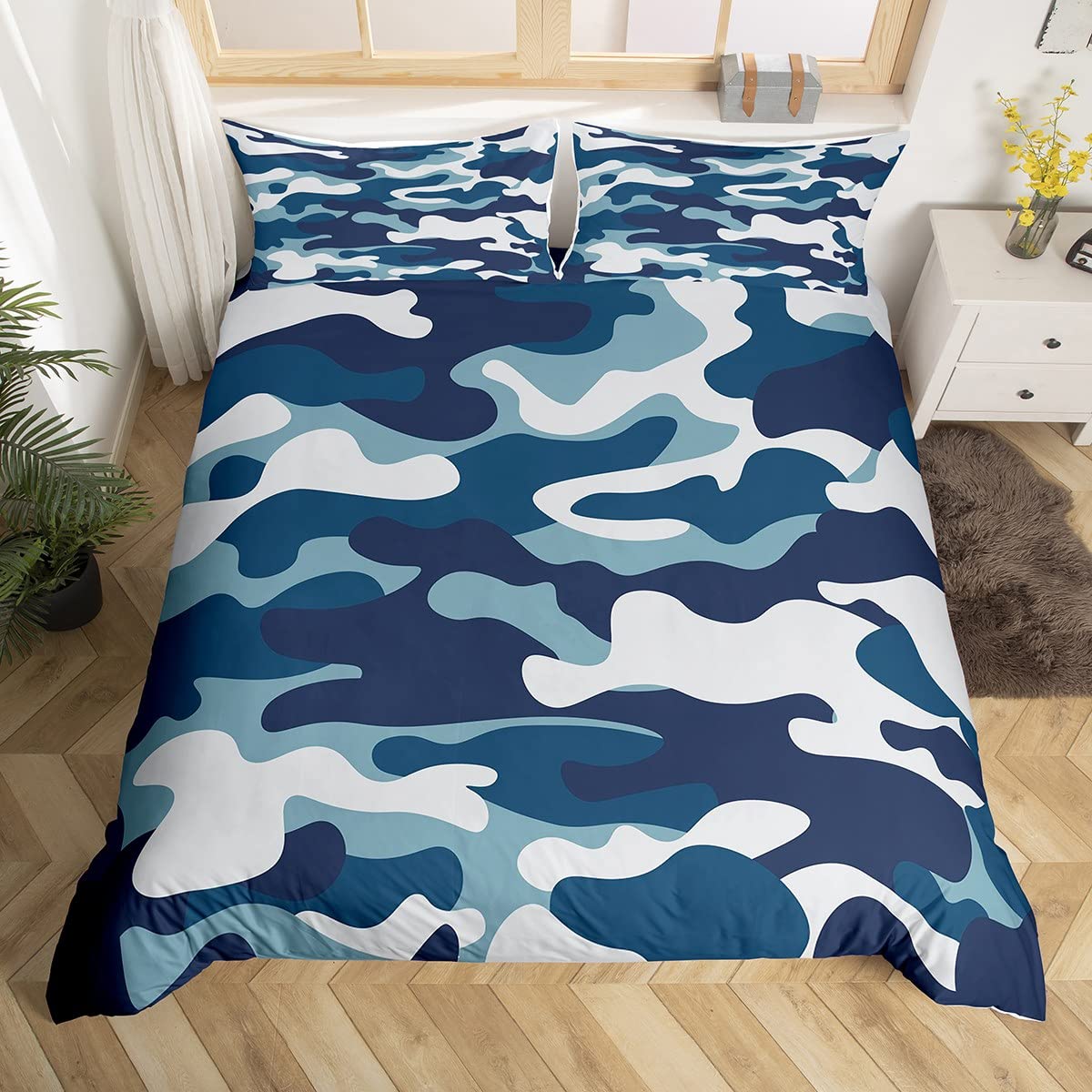 Modern Camo Duvet Cover Set Double Size, Blue Navy Cerulean Grey Camouflage Bedding Set 3pcs for Kids Boys Teens Room Decor, Army Camo Comforter Cover Polyester Quilt Cover with 2 Pillowcases — image 1