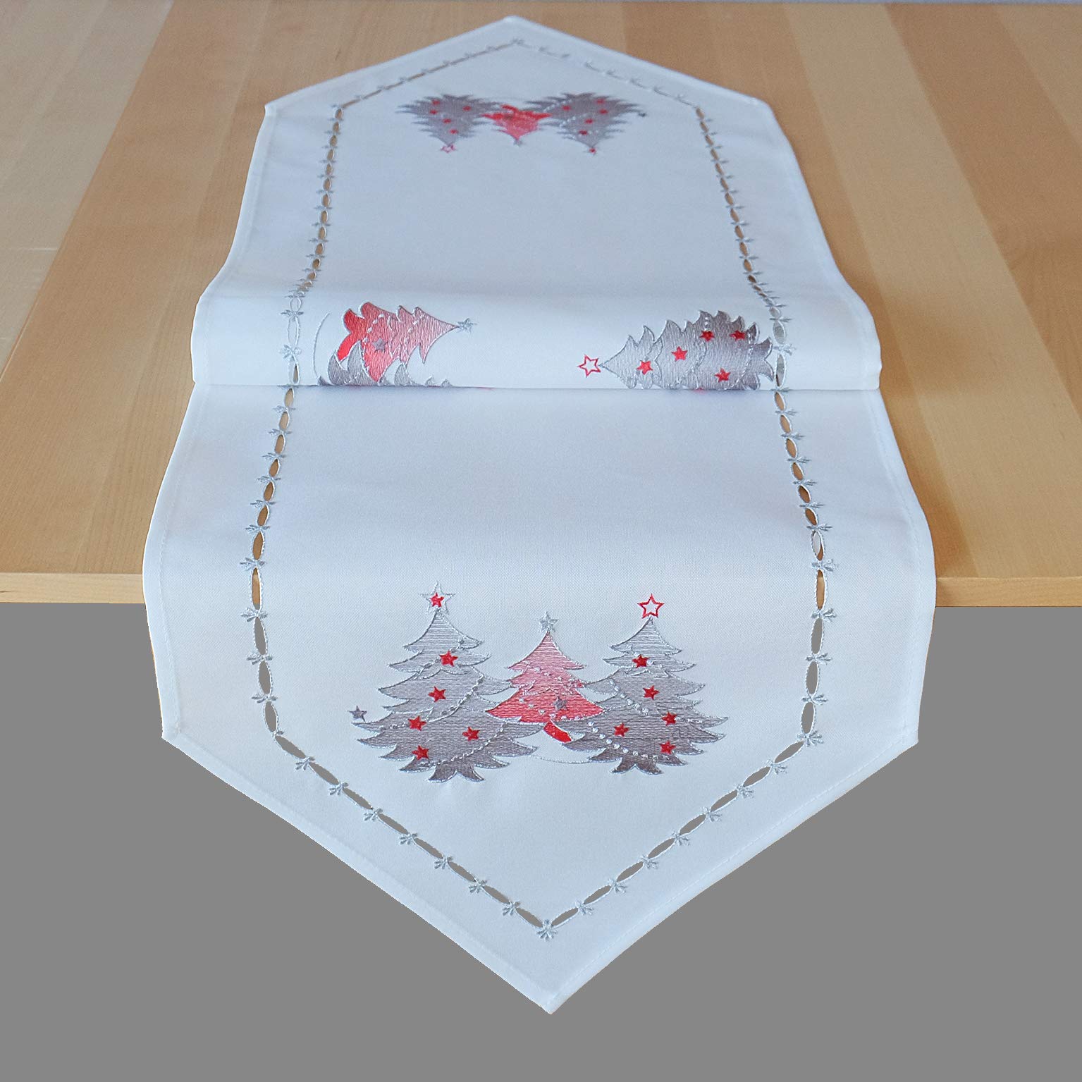 Raebel OHG Table Linen Embroidery Christmas Trees Christmas Winter Table Cloth Table Cover (40 x 140 cm, White)