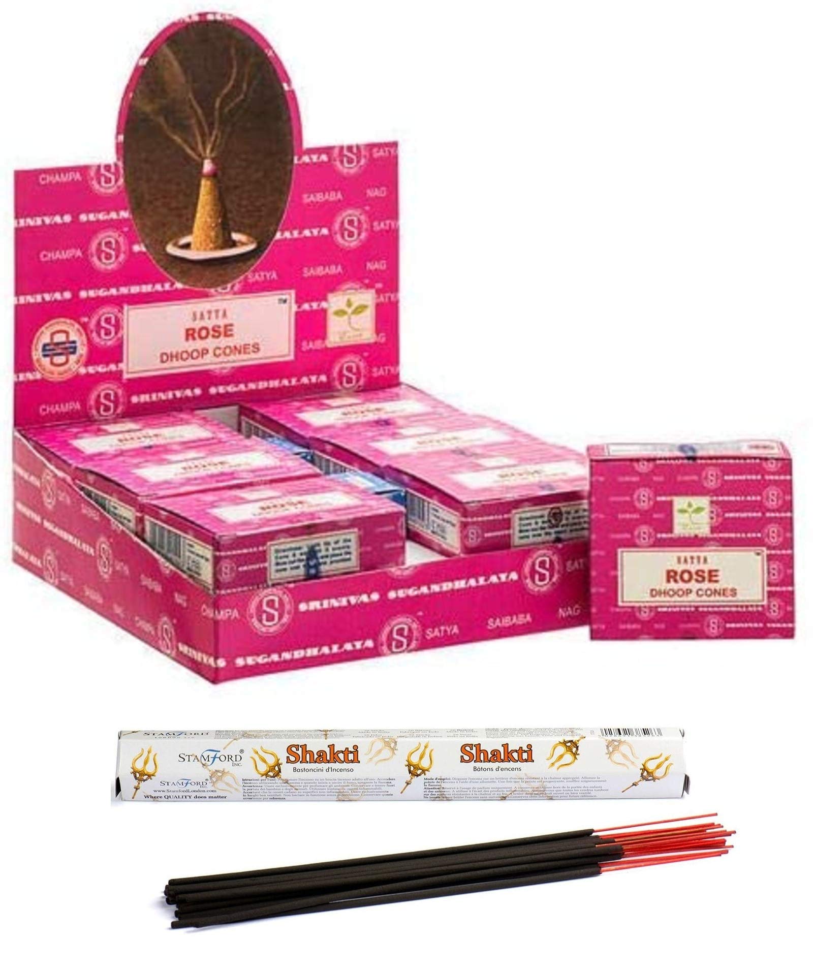 Giftbrit Satya Rose Incense Dhoop Cones 12 Cones x 12 Packs & 1 Stamford Shakti Incense Sticks | Best for Meditation,Yoga,Aroma Therapy