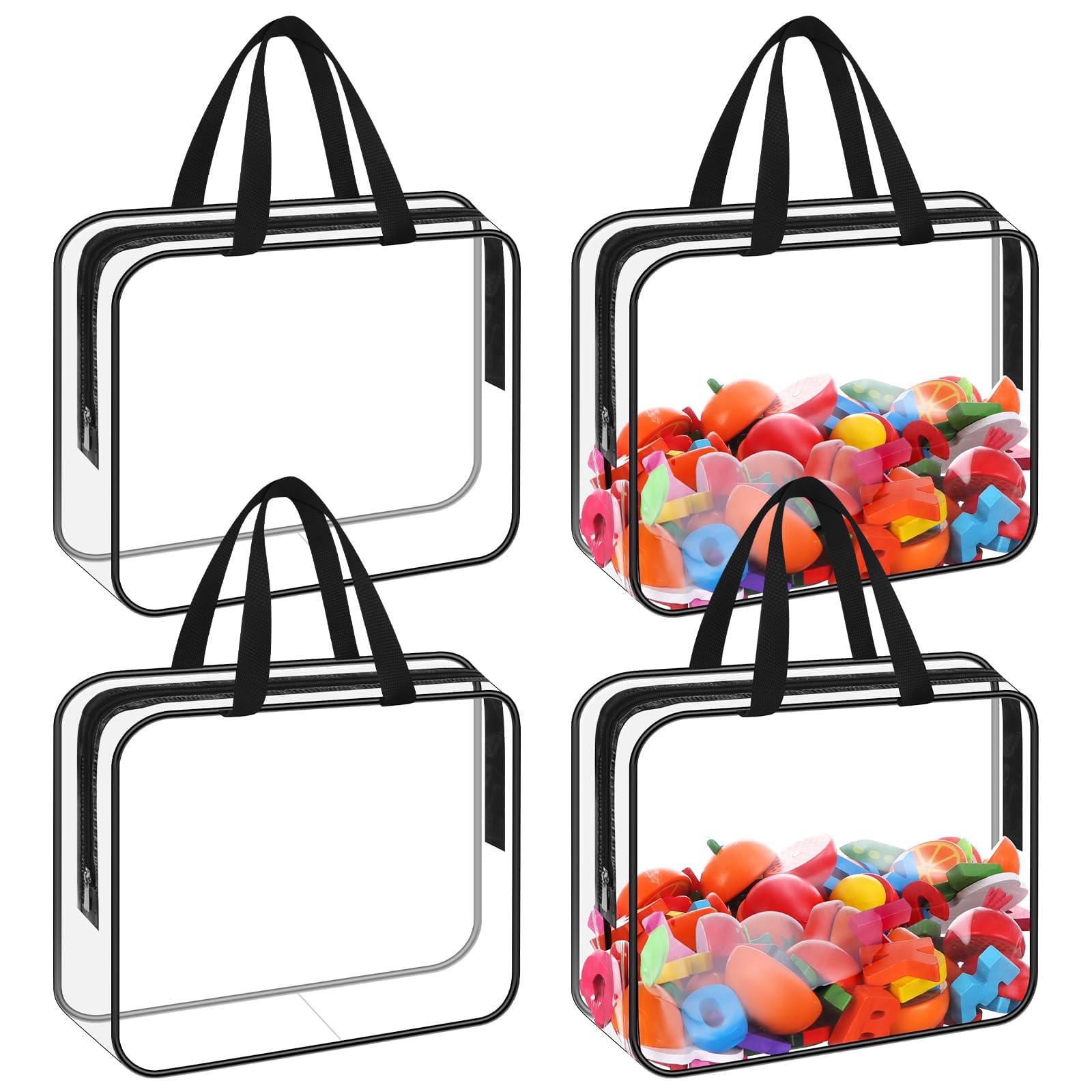 4 Pack Clear PVC Toy Storage Bags with Handles Moving Totes Waterproof Zippered Pouch Organizer Bag for Toys Puzzle Balls Game Pieces Stationery (Zipper)