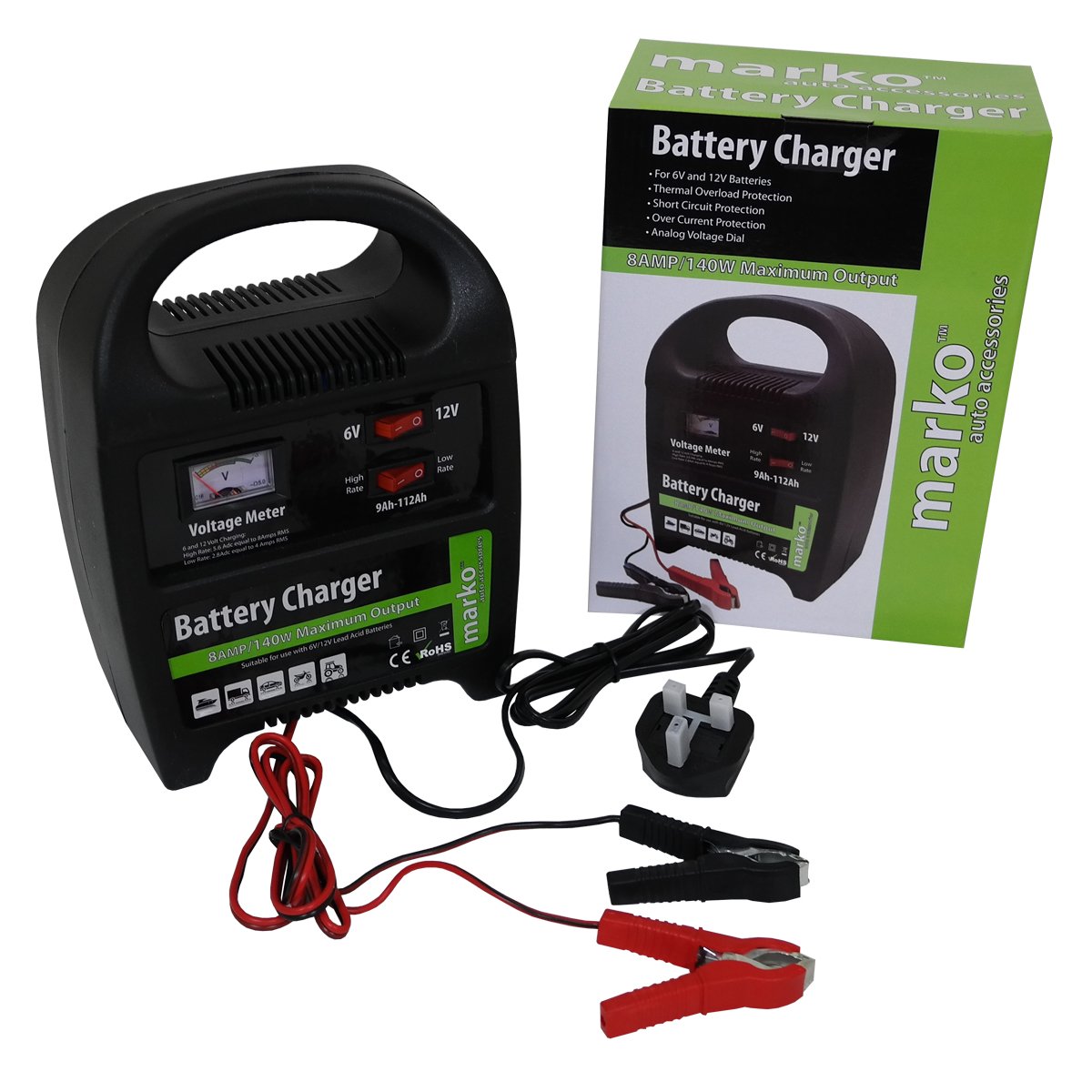 Marko Auto Accessories 8AMP 6V/12V Heavy Duty Vehicle Battery Charger Car Van Compact Portable