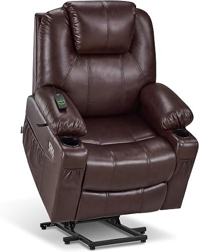 MCombo Power Lift Recliner Chair for Elderly, Heat and Massage 7040(Medium) | FSC Certified, Multiple Sizes, USB&Type C Charging Port, Cup Holders, Side Pockets, Dark Brown Faux Leather