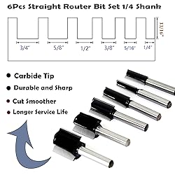 6Pcs Straight Router Bit Set 1/4 Shank, Double