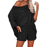 Ermonn Womens 2 Piece Outfits Sweater Sets Off Shoulder Knit Tops Waist Short Suits Casual Pajama Set