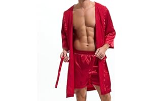 AMY COULEE Mens Silk Robe with Shorts 2 Pcs Satin Boxers Hooded Bathrobe Sexy Pajama Set Half sleeve Sleepwear