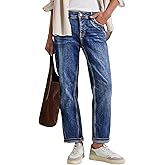 Flamingals Women's Straight Leg Jeans Mid Rise Roll Hem Wash Stitch Detail Casual Vintage Boyfriend Cuffed Jeans