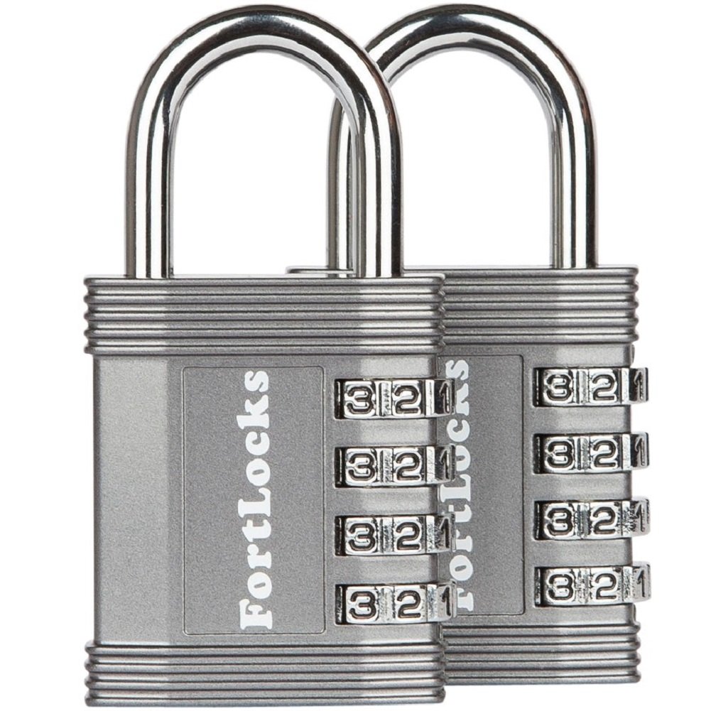 FortLocks Gym Padlock | 4-Digit Combination Lock for Indoor Lockers & Outdoor Use | Heavy-Duty, Rustproof, Weatherproof | 2-Pack, Grey