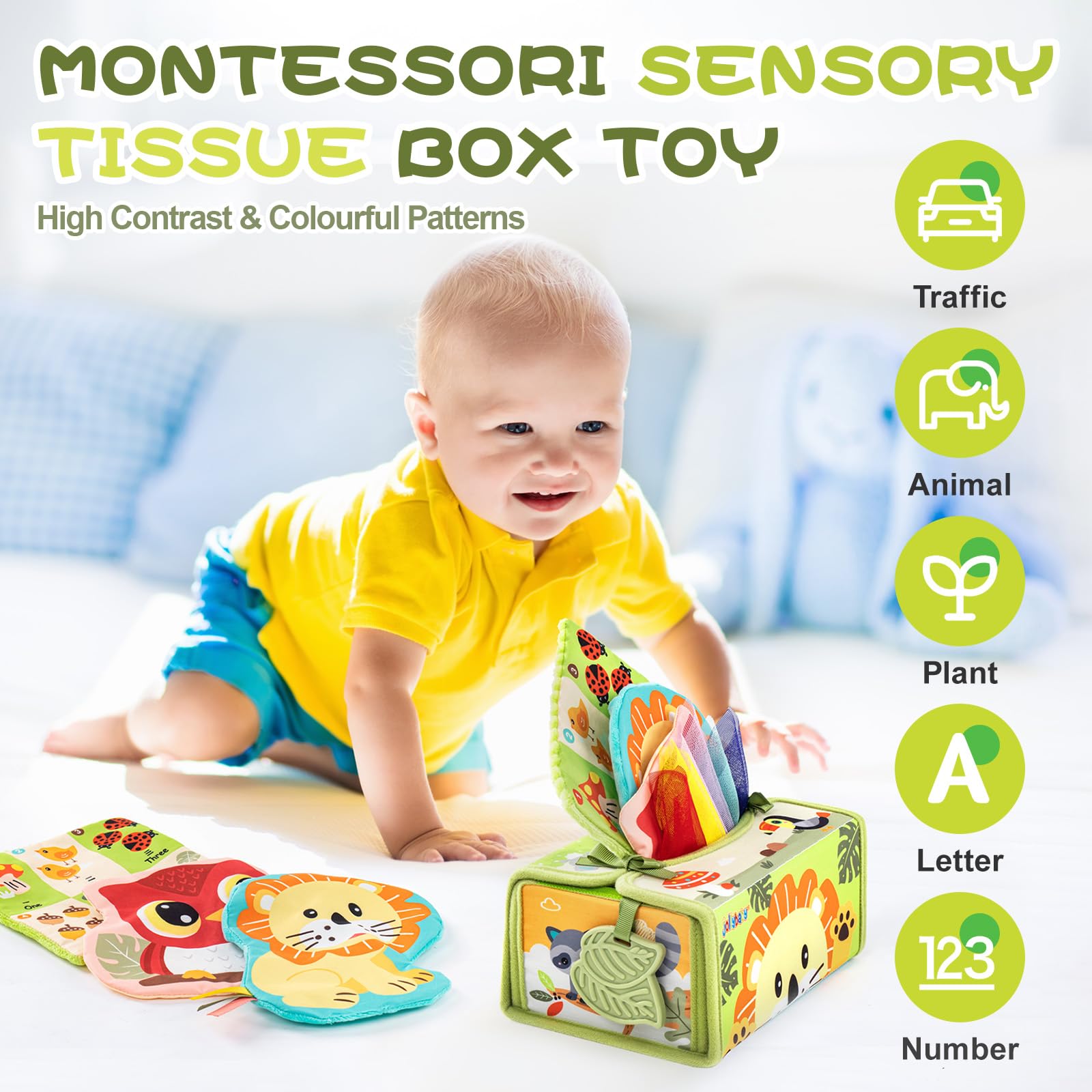 Jollybaby High Contrast Baby Tissue Box Toy for Baby 6-12 Months, Montessori Sensory Learning Toys for 1 Year Old Infant with Teether Crinkle Paper, Tummy Time Mirror Toys for Newborn Gift, Green