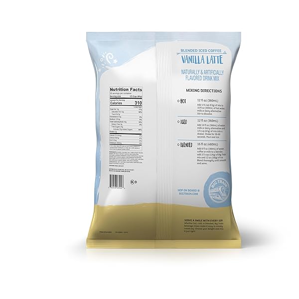 BIG TRAIN BLENDED ICE COFFEE, VANILLA LATTE, 3.5 POUND, POWDERED INSTANT COFFEE DRINK MIX, SERVE HOT OR COLD, MAKES BLENDED FRAPPE DRINKS