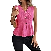 Verdusa Women's Button Down Sweater Vest Sleeveless V Neck Ruffle Fitted Knit Tank Top