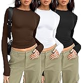 AUTOMET 3-Pack Women's Long Sleeve Crop Tops - Basic Fitted T-Shirts Set