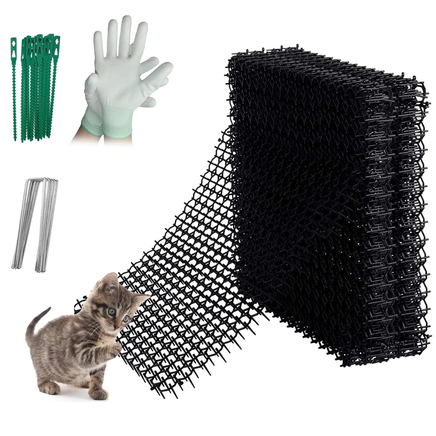 12Pcs Anti Cat Spikes,15 * 20cm Plastic Scat Mat with Repellent Mats Prickle Stirp Pet Deterrent Net 12 U-shaped Pegs 20 Zip Ties Glove for Garden Fence Lawns