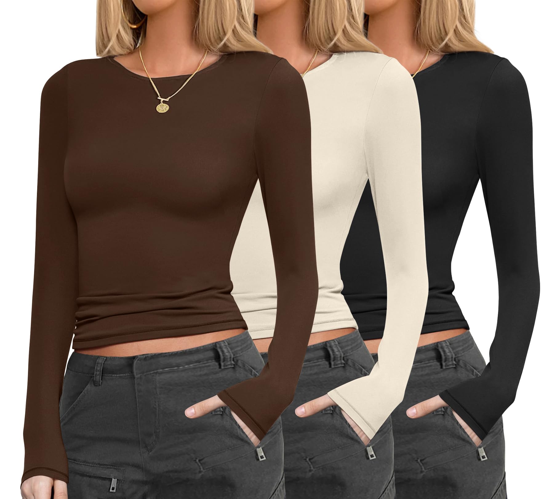 Photo 1 of Ekouaer Womens 3 Pack Long Sleeve Shirts Fitted Tops Base Layering Tight Thermal Undershirts Black/Beige/Brown XS