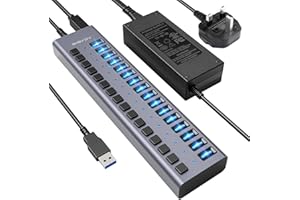 90W Powered USB Hub - ACASIS 16 Ports USB 3.0 Data Port, Aluminum Housing, Individual On/Off Switches, 12V/7.5A Power Adapter, USB Charging Hub/USB Splitter for Laptop, PC, Computer, Printer