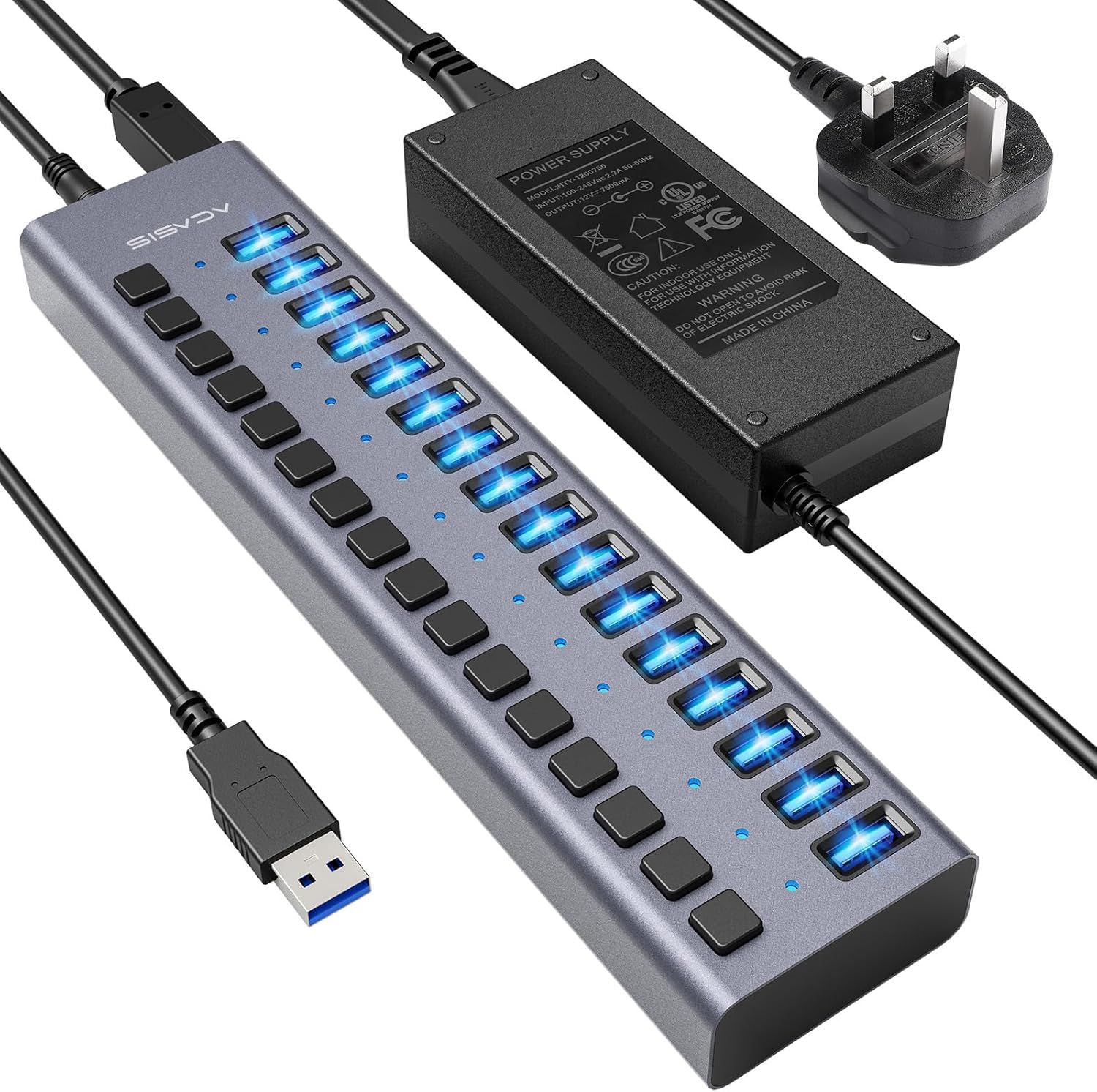 Photo 1 of 90W Powered USB Hub - ACASIS 16 Ports USB 3.0 Data Port, Aluminum Housing, Individual On/Off Switches, 12V/7.5A Power Adapter, USB Splitter for Laptop, PC, Computer, Printer