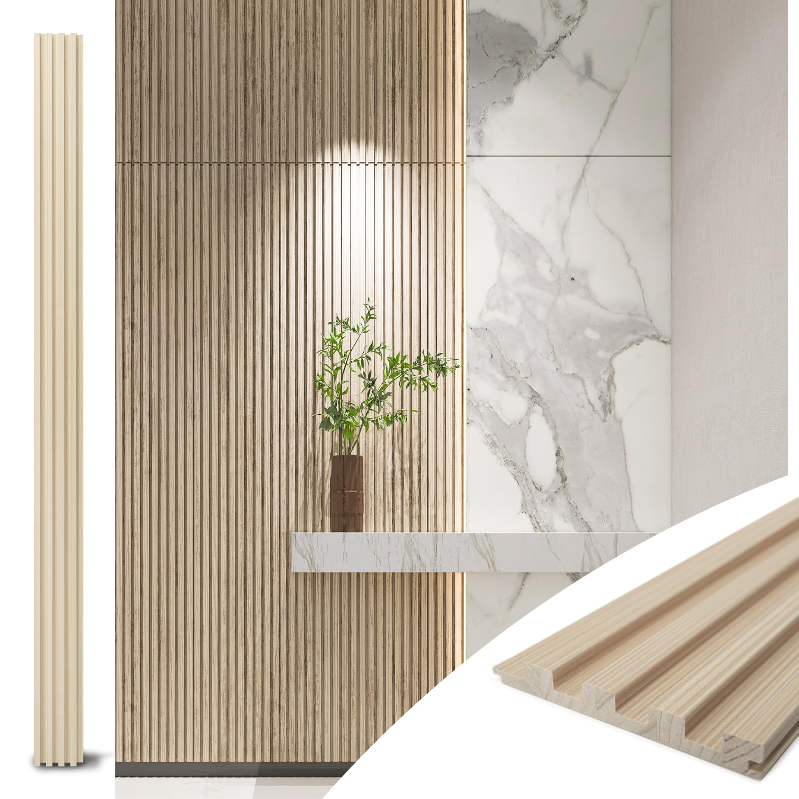 Photo 1 of Art3d Slat Wood Wall Paneling for Interior and Ceiling Decoration - Pack of 4pcs + 1pc End-Trim, Size 108 x 5.7in.- Ashtree