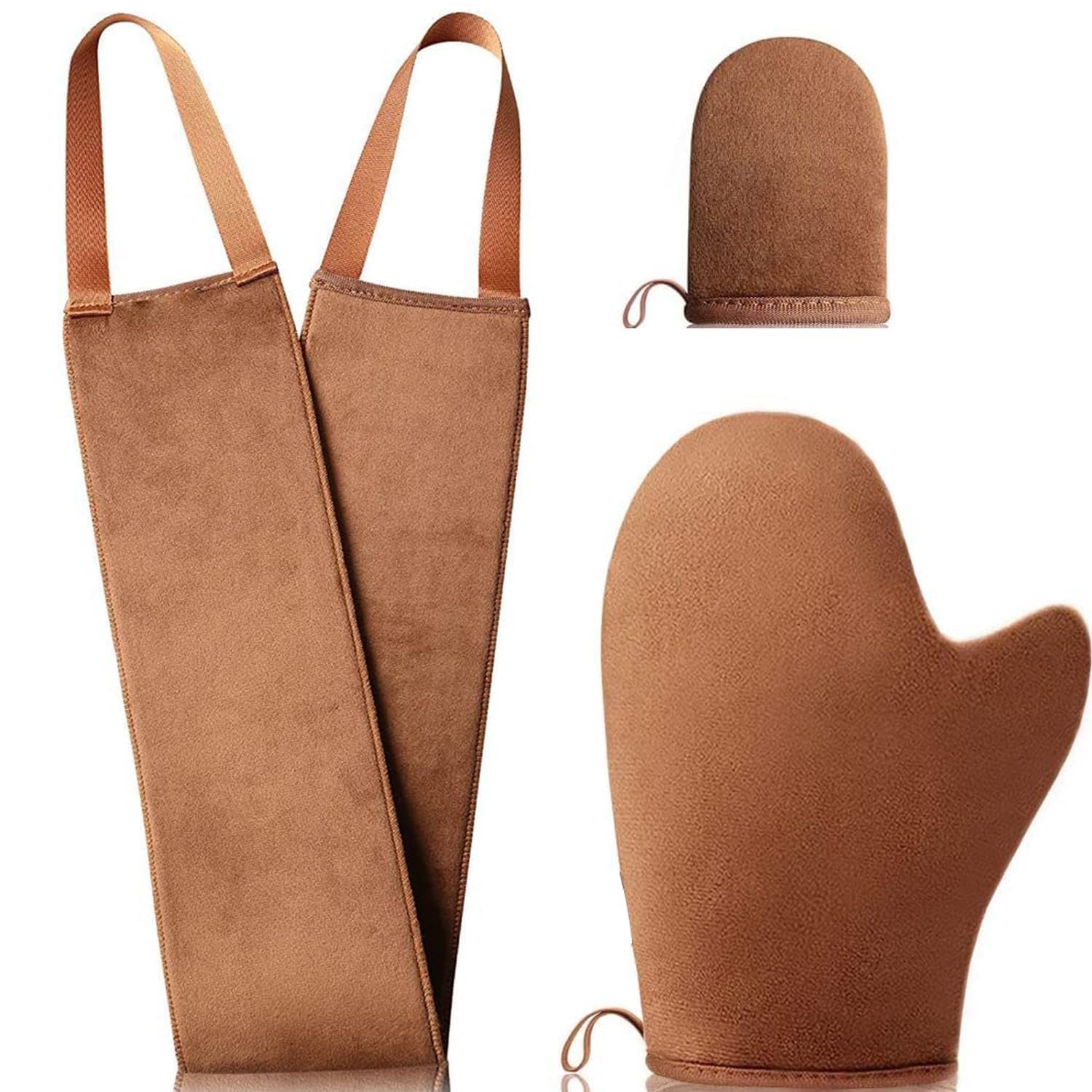 Self Tanning Mitt Set - 3 in 1 Tan Mitt Applicator Reusable Tanning Glove for Self Tan, Back Applicator - Brown