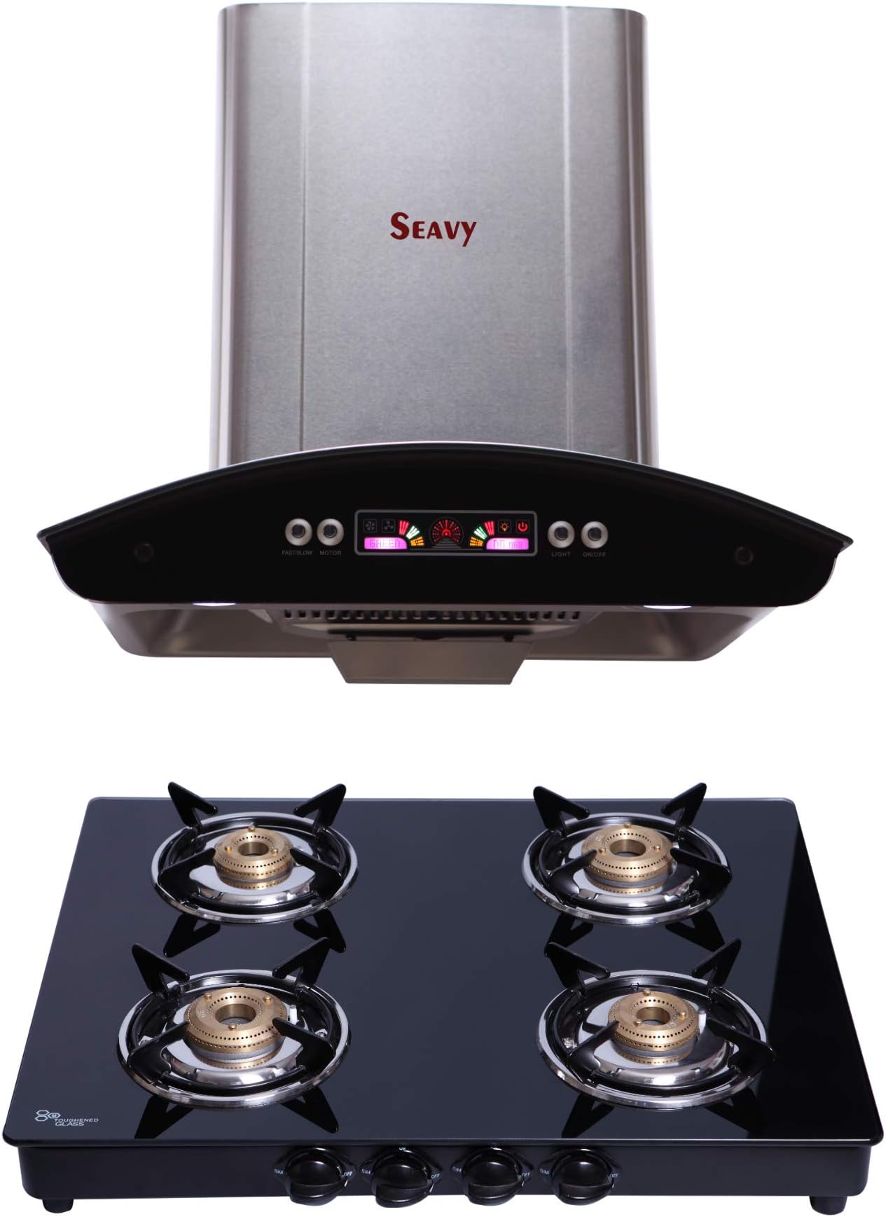 Seavy Chimney Combo with Gas Stove, 60cm Chimney with Oil Collector + 4 Burner Cooktop (Pie DLX 60 - Grey/Black)