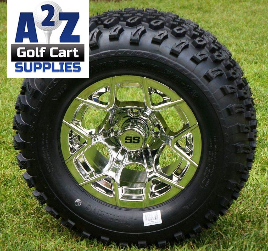 amazon com steeleng rally 12 chrome golf cart wheels 23 10 5 12 all terrain tires set of 4 automotive steeleng rally 12 chrome golf cart wheels 23 10 5 12 all terrain tires set of 4