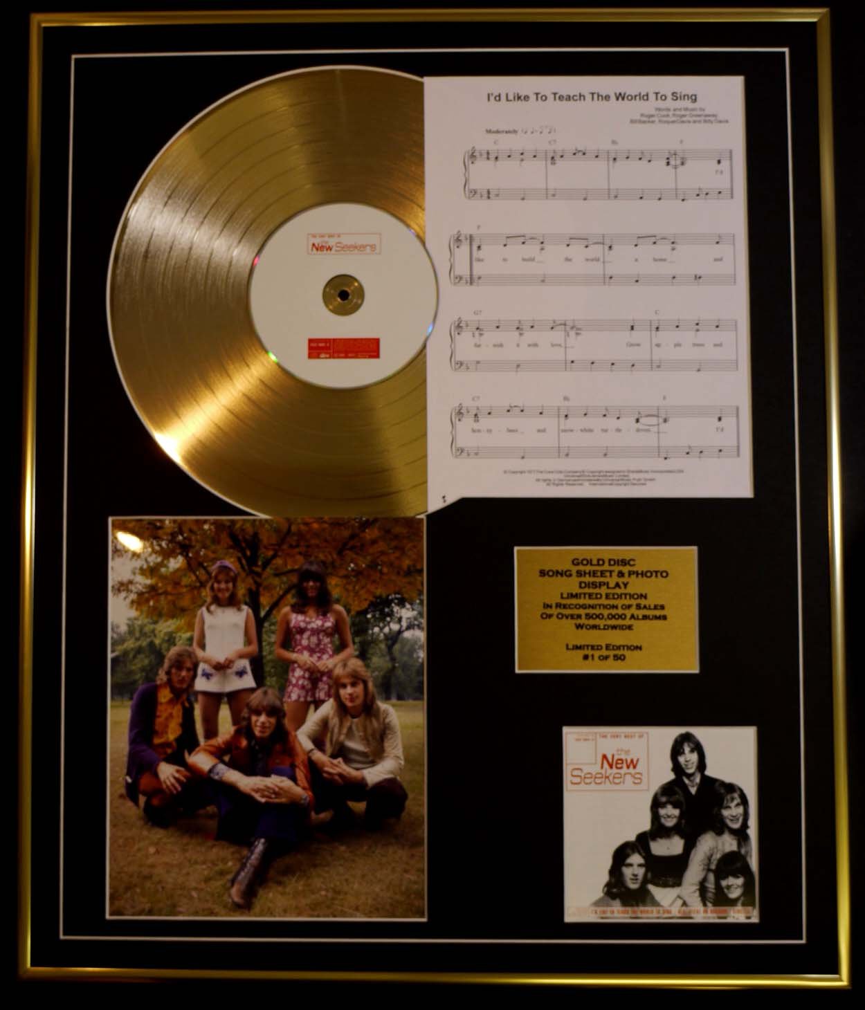 NEW SEEKERS/CD GOLD DISC, SONG SHEET & PHOTO DISPLAY/LTD. EDITION/COA/ALBUM, THE NEW SEEKERS/SONG SHEET, I'D LIKE TO TEACH THE WORLD TO SING